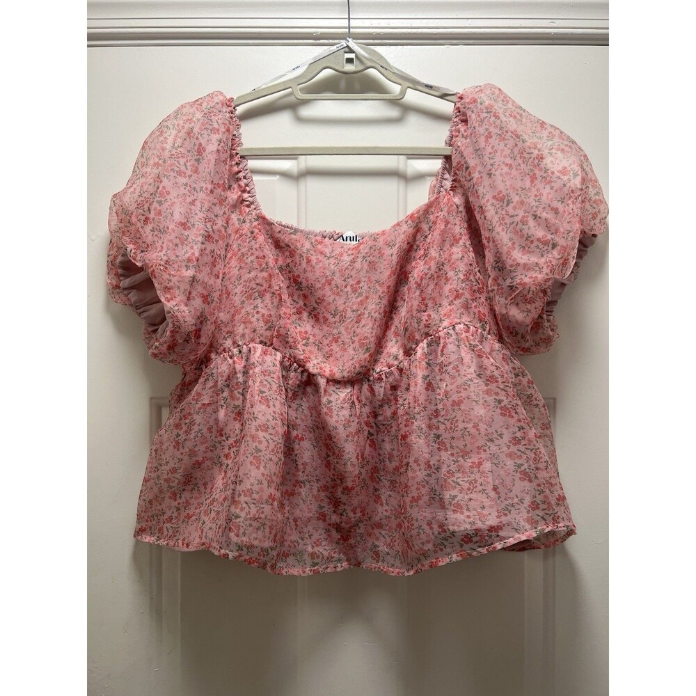 ARULA Pink Floral Puff Sleeve Peplum Blouse